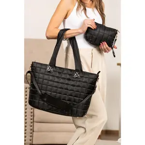 Black Quilted Patchwork Large Tote Bag and Clutch 2pcs Set