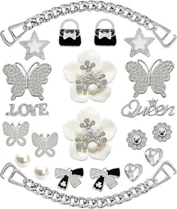 Bling Shoe Charms for Women - Golden Chains Rhinestone Designer Decoration - Cute DIY Clog Sandals Jewelry Accessories Set