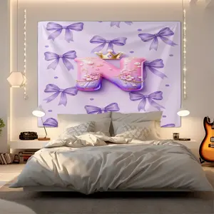 Lavender Purple Bow Princess Crown Letter N-Z Tapestry,Cute Girly Print Wall Hanging,Vibrant Kawaii Princess Pattern Tapestries,Lightweight Easy-Hang Wall Tapestrys,Perfect for Girls Bedroom Dorm Decor,Great Gift for Princess & Bow Lovers