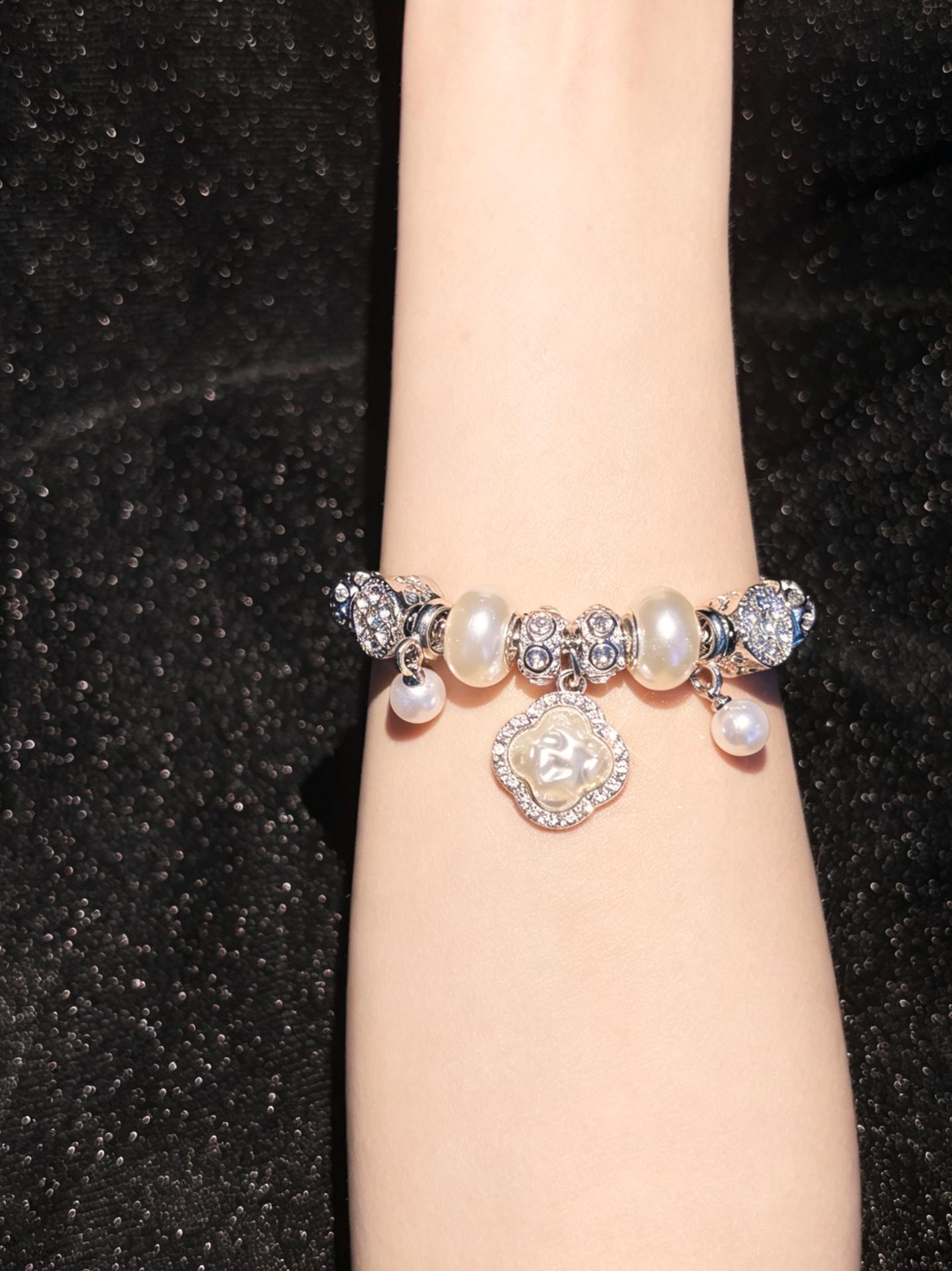 Silver-Tone Snake Chain Charm Bracelet - Clover Embossed Pendant, Pearl & Rhinestone Inlaid Stackable Costume Jewelry Gift for Women