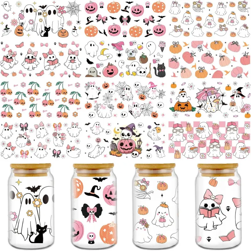 UV DTF Cup Wraps - 12 Sheets Halloween UV DTF Cup Wraps for 16 oz Glass, Cute Ghost Pumpkin Skull Bat Cobweb Cat Rub on Transfer Stickers, Uvdtf Decals for Mug Water Bottles, DIY Crafts