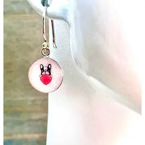 Adorable 10.5mm Sterling Silver French Bulldog Earrings-White/Red Heart Resin Frenchie-.925 Valentine’s Frenchie-2 Styles-Dog Breed Jewelry