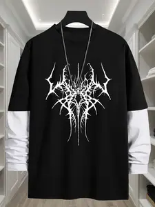 Gothic Text Print Geometric Loose Fit Knit Long Sleeve Round Neck T-Shirt, Fashion Street Style Casual Top, Comfortable Trendy Gift