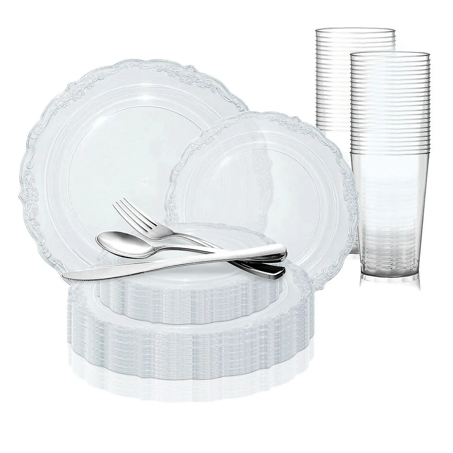 Clear Vintage Round Disposable Plastic Dinnerware Value Set (120 Settings)