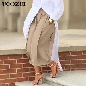 UOOZEE Women's Minimalist Plain Loose Cotton Lantern Pants - Machine Washable, Breathable Soft Fabric, Elastic Waistband, Pockets, Casual Summer Outfit Bottoms, Machine Washable Pants