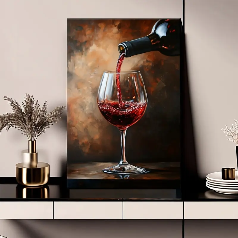 Woody Red Wine Glass Canvas Wall Print - Artistic Pine Wood Framed, Oil Painting Style, All Seasons Indoor Home Office Decor, Anniversary Gift, Home Supplies, Indoors