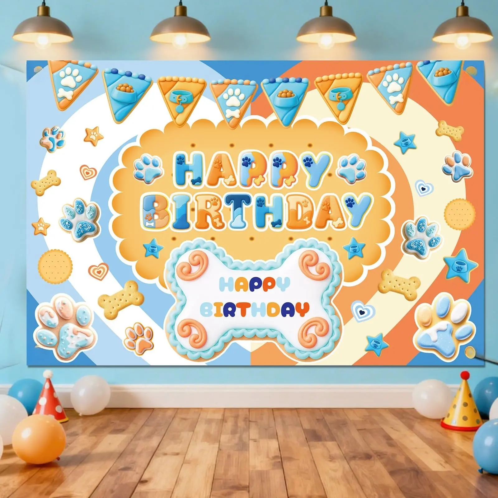 2D flat banner 1pcs Cartoon Birthday Backdrop, Yellow Blue Dog Background Cartoon Photography Banner Little Girls Party Decorations, Party Decoration Supplies for Indoor and Outdoor, Photography Studio, Party Decorations Banners