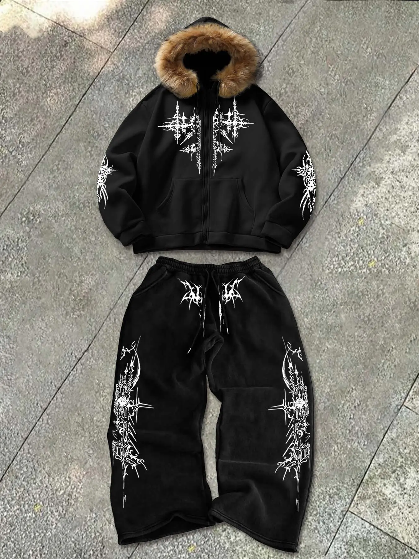 Men's Hooded Print Sweatshirt Jacket & Fashion Straight Leg Pants Set, Large Fur Collar Zip Design, Loose Comfortable Casual Warm Clothes