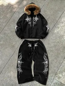 Men's Hooded Print Sweatshirt Jacket & Fashion Straight Leg Pants Set, Large Fur Collar Zip Design, Loose Comfortable Casual Warm