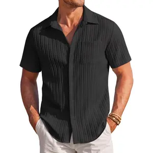 Men’s casual button-up shirt – navy blue textured short-sleeve crew-neck summer beach top – canvasGARMENTARY