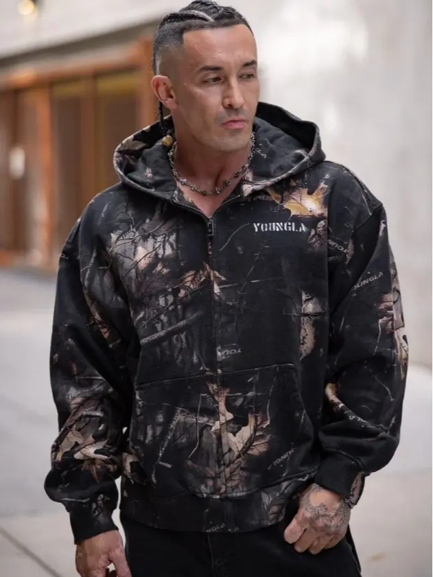 YOUNGLA Tree Camo Collection Zip Up Hoodie, Woodland Camouflage Jacket, Relaxed Fit Camo Sweatshirt, Outdoor Streetwear Jacket for Men