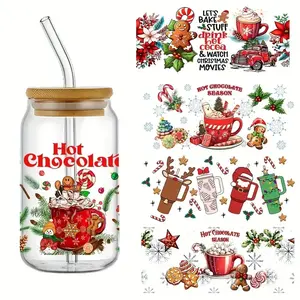 Christmas Hot Chocolate Transfer Paper Set, Waterproof Crystal Print Sheets for 16 Oz Libbey Cups, Easy DIY Design Stickers