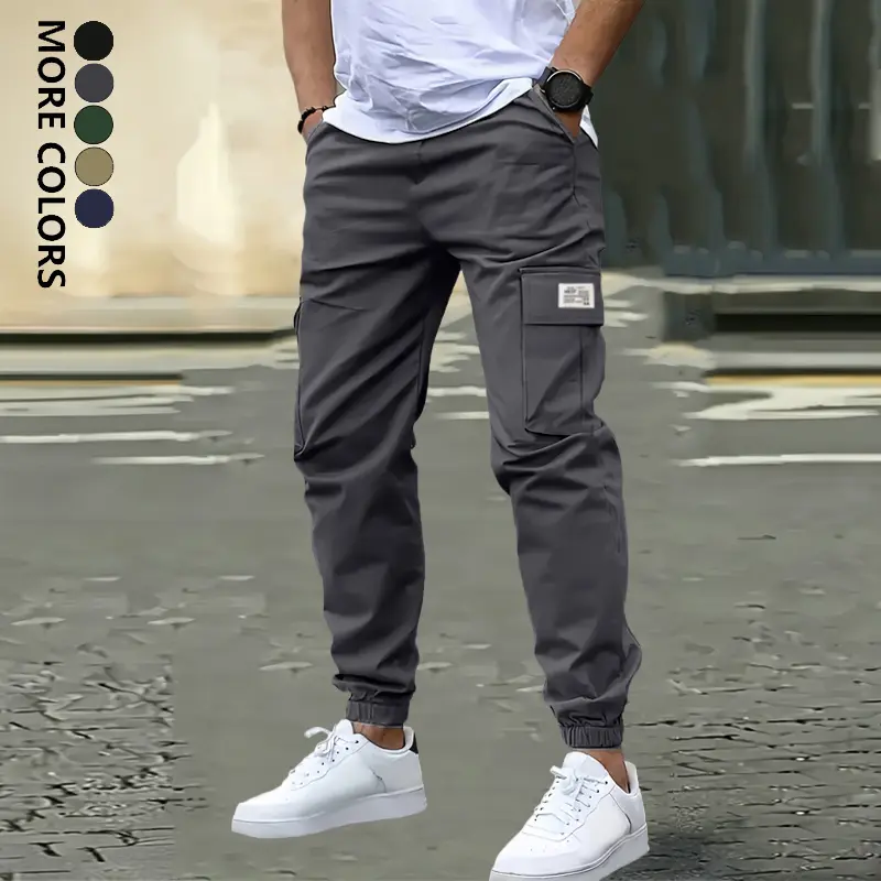 Men's Fashion Casual Cargo Pants, solid color jogger drawstring waistband, flap pockets, spring and autumn outdoor work trousers