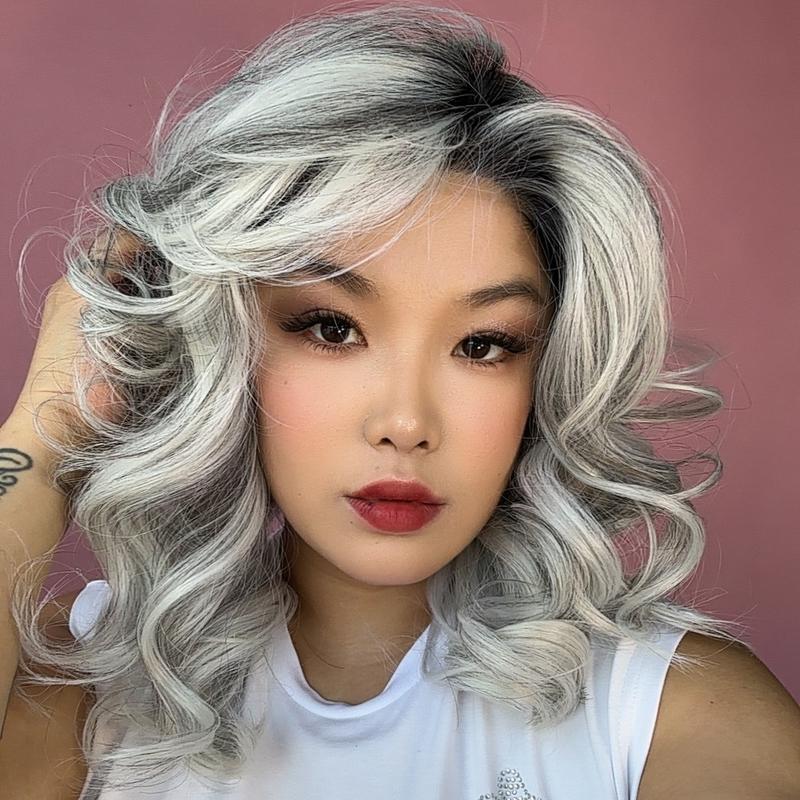 JBEXTENSION KERRY MONO Monofilament Handmade Wig 6X5 Full Monofilament Hand Tied Top Wig 18 Inches Grey with Dark Root Mono Lace Wig With Anti-slip Silicone Strips Glueless Wig KERRY MONO【BENDY EAR TABS】