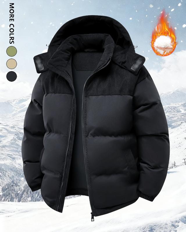 Men's winter hooded casual fluffy wool-lined cotton jacket with detachable pocket cap, warm color-block cotton coat suitable for various occasions such as daily casual wear and weekend outings. style