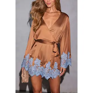 Women's Satin Lace Trim Dress Elegant Contrast Color Long Sleeve V Neck Mini Dress for Daily Event Wear