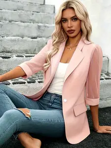 A pink short-sleeve blazer for women with transparent sleeves, belonging to a casual fashion style. It is elegantly mature yet soft and feminine, suitable for everyday casual outings and light office commutes.