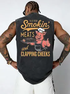 Men's Vintage Washed Tank Top, Sleeveless Tank Tops, Sleeveless Muscle T, Smokin' Meats & Clapping Cheeks Pig Chef Graphic, Funny BBQ Grilling Muscle Tee, Sporty Fitted Design