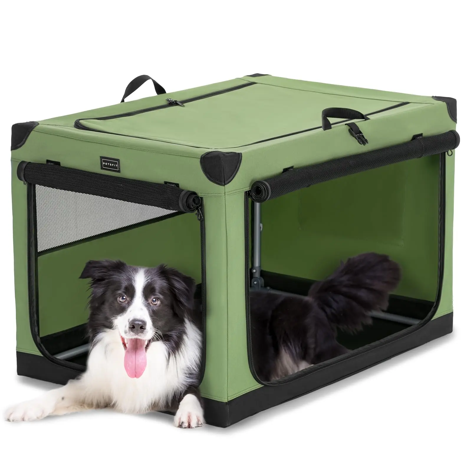 PETSFIT Collapsible Dog Crate, with Patented Adjustable Fabric Cover, Chewproof & Lockable Mesh Doors, Waterproof Base Soft Sided Kennel Green 40 Inch Ventilation Storage