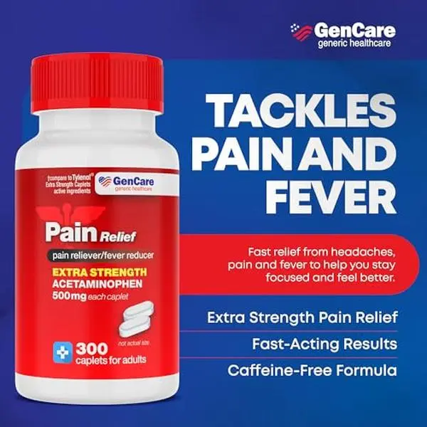【HSA/FSA Eligible】GenCare - Acetaminophen 500mg Extra Strength Pain Reliever - A multi-purpose pain reliever for headaches, sinusitis, arthritis, back pain, muscle aches, toothaches, fever reduction, and migraines.