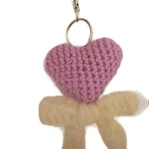 Purple Heart w White Bow Keychain - Handmade Crochet Accessory for Keys and Bags