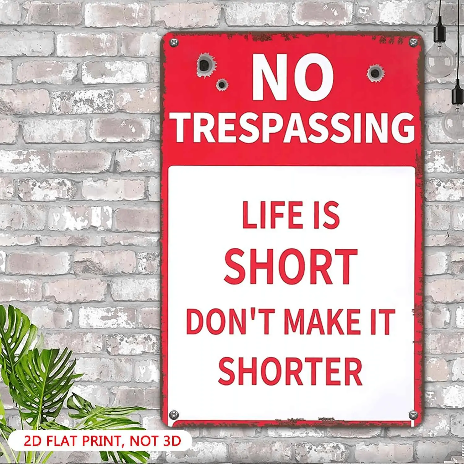 2D Flat, 1pc Vintage Metal No Trespassing Sign - 8x12 Inch Heavy-Duty Rustic Red & White Warning Sign with Bilingual English/No Trespassing Text, Bullet Hole Design-Like Border for /Outdoor, for Man Cave, Garage, Fence, or Wall Decor, 2D Flat