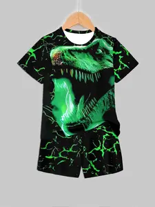 Boys Electric Dinosaur Set, Summer Sci-Fi Style Short Sleeve Shorts, Casual, All over Print, Regular Length