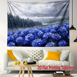 1pc Blue Cornflowers Rainy Forest Landscape Linen-Polyester Tapestry - Horizontal Nature-Themed Wall Hanging, Durable Light Beige-Compatible Fabric for Home, Bedroom Decor, Office Wall Art