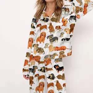 Dachshund Satin Pajama Set for Women – Comfy Silky Sleepwear & Loungewear | Printed Short Sleeve Top & Shorts