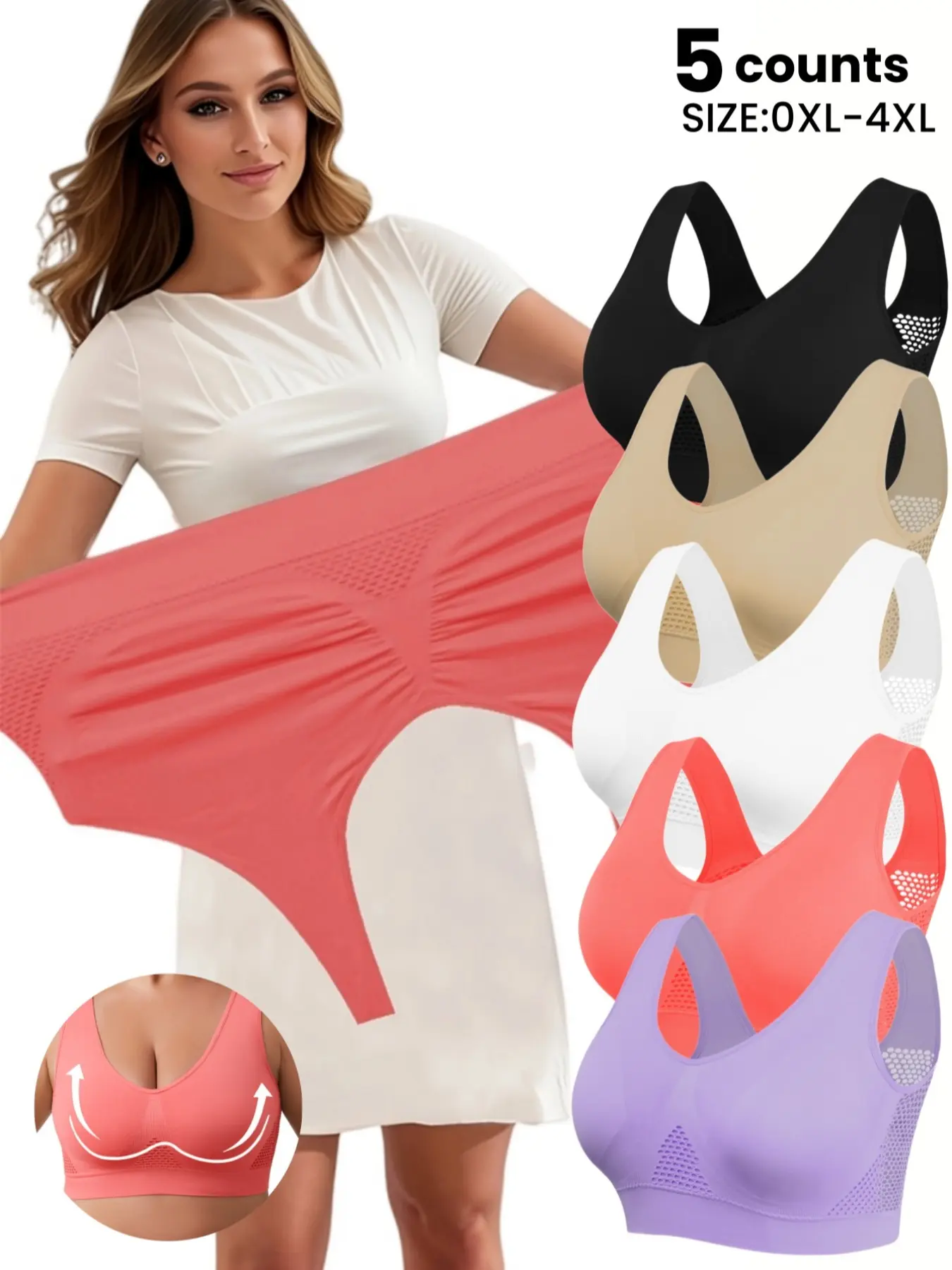 PLUS SIZE Women's Wireless Medium Push Up Bra, No Padding,Double-layer iiner Fabric,Comfort Smooth Seamless Crop Vest,Breathable Mesh Design Casual Minimalist All-Season,Everyday Underwear for Sleepwear & Daily wear, Breathable Bras