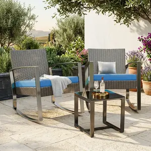 Modern 3 Pieces Wicker Bistro Set Outdoor Rocking Chairs with Coffee Table All Weather Patio Seating Furniture Set Leisure Rocking Wicker Chairs for Balcony Porch Garden Backyard