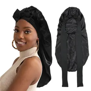 Black Double-Layer Long Satin Bonnet Sleep Cap Adjustable Care Night Sleeping Cap for Women Braids Curly Hair Wrap for Bonnets with Tie Band