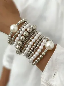 7-Piece Elegant Casual Women's Faux Pearl Resin Stretch Bead Bracelet Set, Silver Color Handcrafted Jewelry for Weddings and Parties