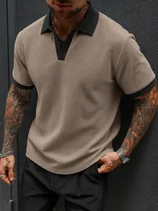 Mens Textured Polo Shirt Short Sleeve Contrast Collar Relaxed Fit Summer Outfit Top Work Commute Weekend Golf Casual Wear Vacation What To Wear Fit Inspo Street Looks Easy Care Collar Detail Everyday Layering