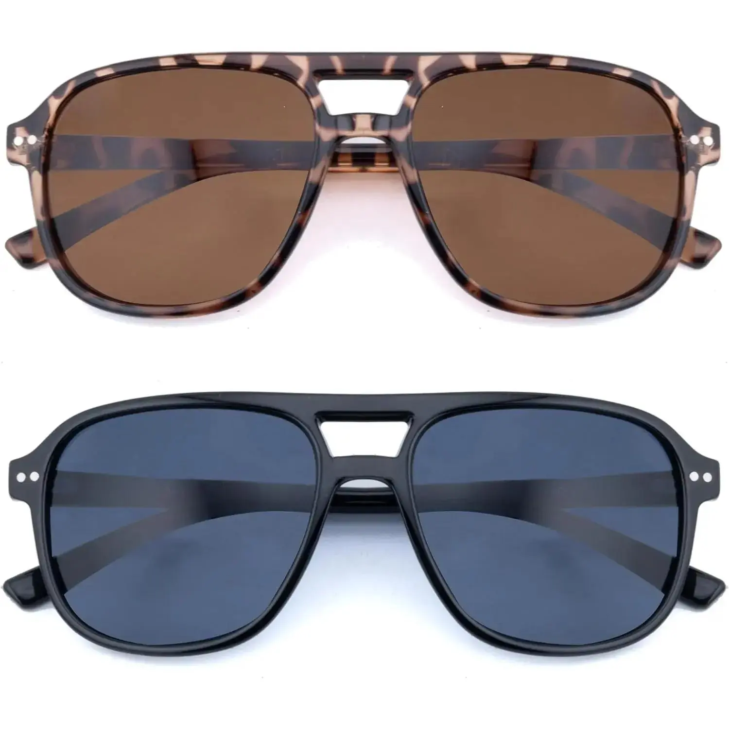 2 Pack Aviator Reading Sunglasses for Women Men Full Lens Sun Readers PC Frame NO Bifocal, Black/Leopard, +2.0