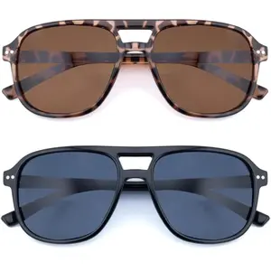 2 Pack Aviator Reading Sunglasses for Women Men Full Lens Sun Readers PC Frame NO Bifocal, Black/Leopard, +2.0