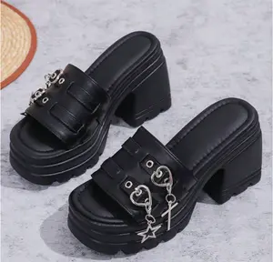 Women's Platform  Slippers Gothic Lolita Platform Punk Outdoor Casual New Gothic Style And star Chain Thick Bottom Slippers Thick non slip heels Black
