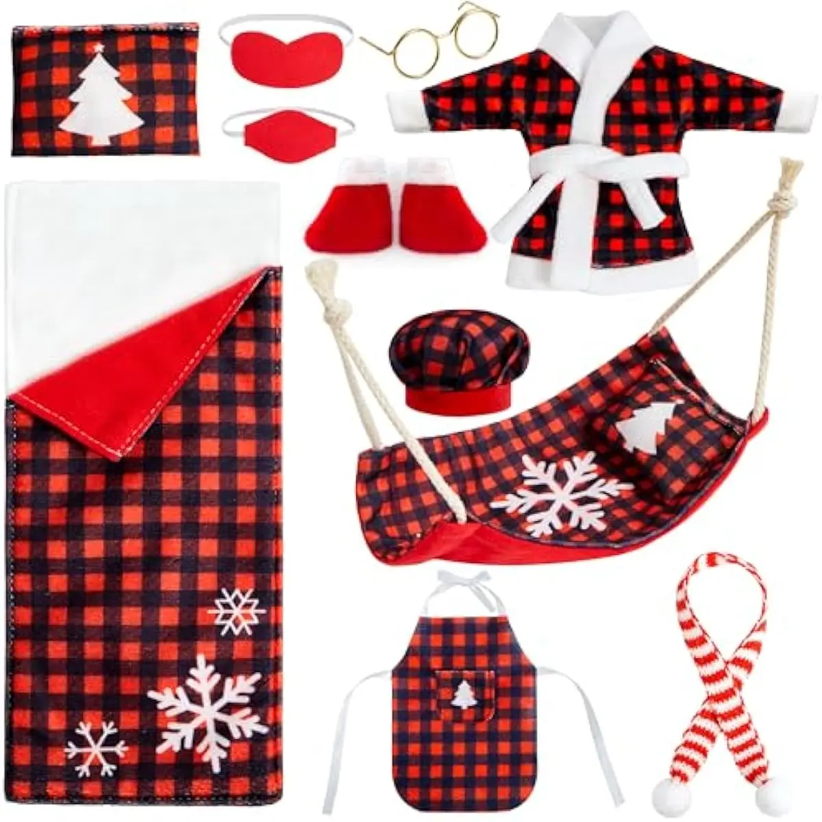 11 PCS Sleeping Bag Christmas Accessory for Doll Include Christmas Sleeping Bag, Apron Hat Bathrobes Shoes Hammock Eye Mask Face Mask Scarf Pillow Glasses for Doll Supplies