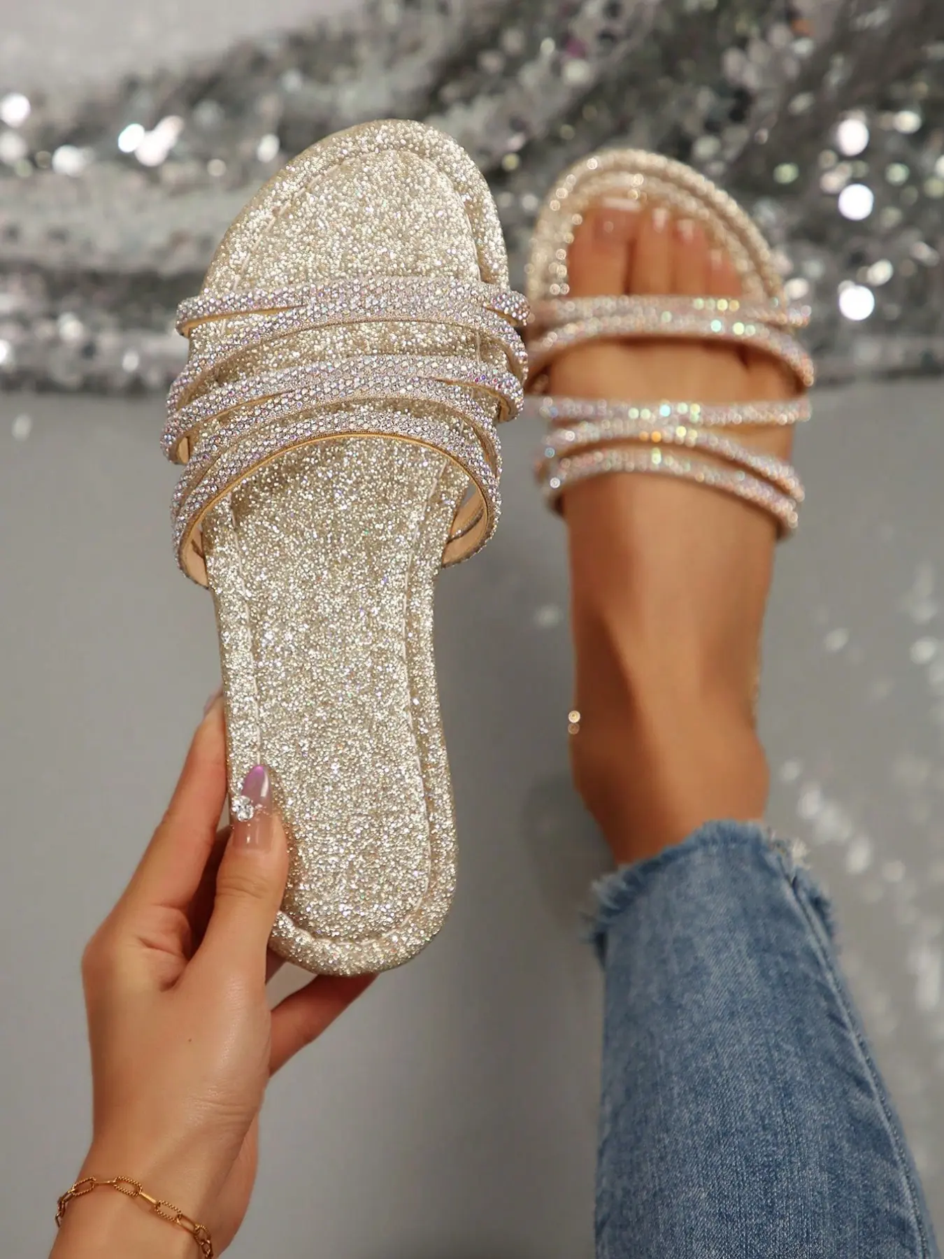 Summer Flat Rhinestone Sparkle Fashionable Glitter Sandals, Embellished Sandals, Women's Fashion Beach Shoes, Outdoor Slip-Ons for Dating Shopping Parties Daily Outing Home Leisure