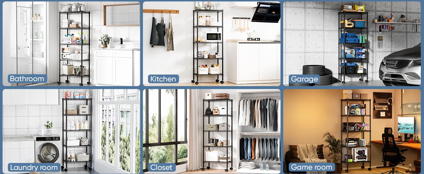 Heavy Duty Storage Shelves with Wheels, Adjustable Shelving Unit for Garage Kitchen Pantry, 200 lbs per Shelf, Black