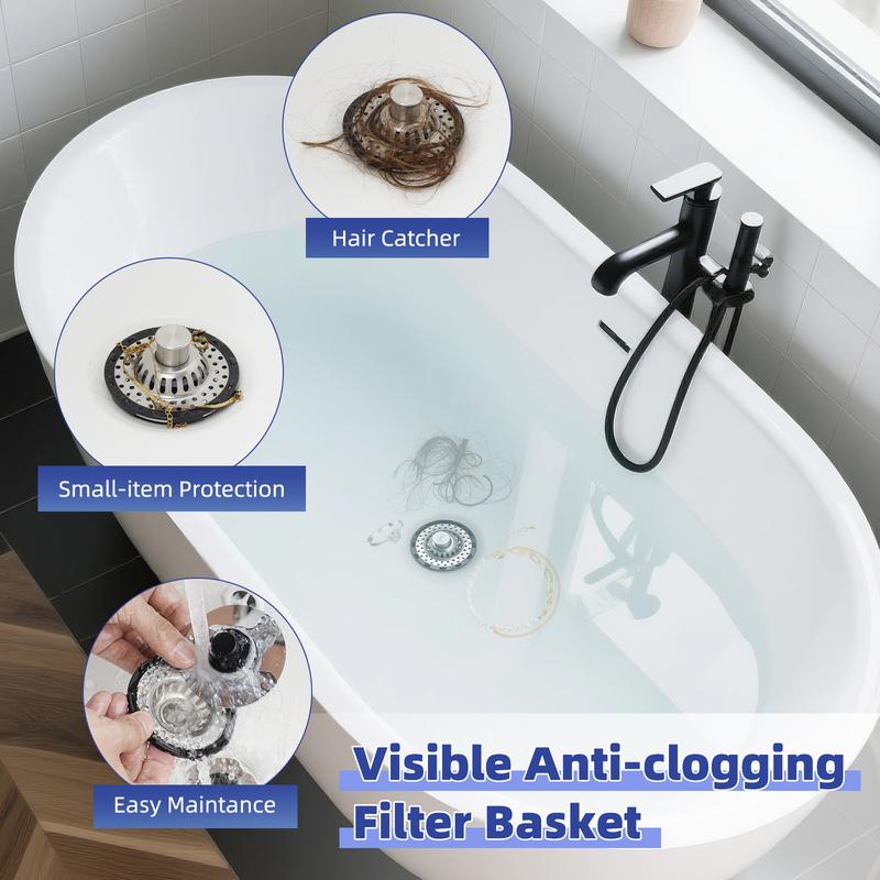 Hibbent Bathtub Drain Stopper with Visible Top Hair Catcher, Innovative 3 in 1 Pop-up Bathtub Strainer Fit for Standard 1.5 to 2.4in Drain Hole, with Detachable Stainless Steel Filter Basket, Chrome
