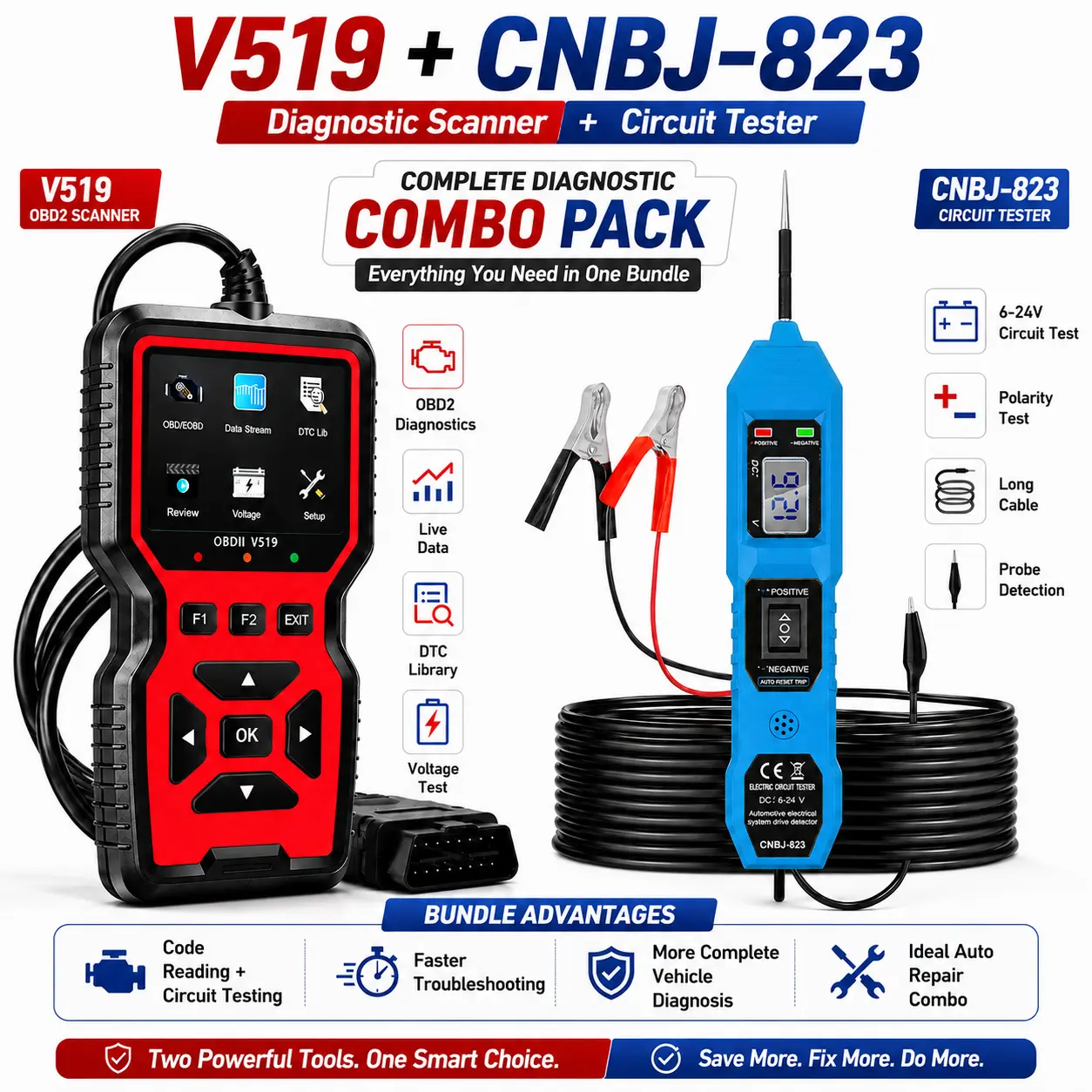 V519 Professional OBD2 Scanner & CNBJ-823 Automotive Circuit Tester, Car Diagnostic Tool Combo with DTC Reader, Live Data, Voltage & Polarity Test