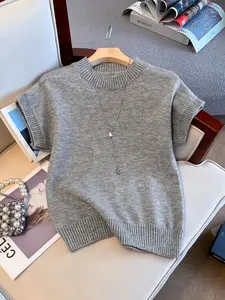Elegant Summer Knit Short Sleeve Top, Soft Comfortable Ladies' Casual Slim Fit T-Shirt, Essential Basic Fashion for Office Wear Womenswear