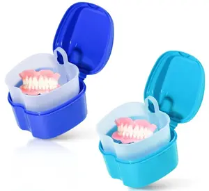 2 Pack Colors Denture Bath Case Cup Box Holder Storage Soak Container with Strainer Basket for Travel Cleaning (Light Blue and Blue)