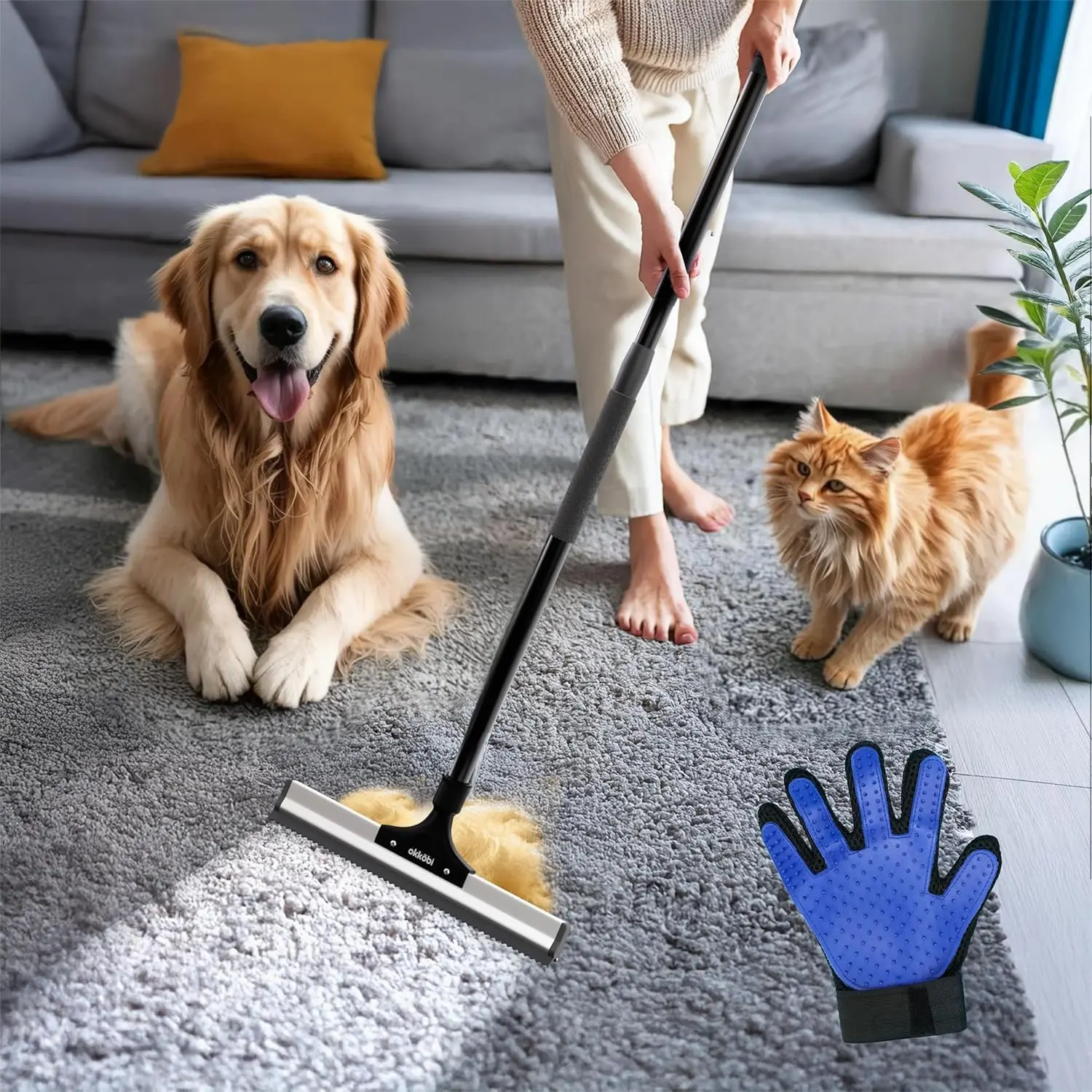 Carpet Rake for Pet Hair Removal - Carpet Scraper - Dog & Cat - Pet Hair Broom for Rugs, Furniture - Adjustable Rug Broom for Pet by