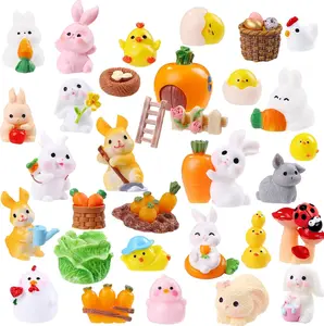 42 Pcs Easter Mini Resin Figurines, Miniature Sculptures Small Farm Bunny Chick Fairy Garden Decor Dollhouse Easter Egg Fillers Party Favors Supplies