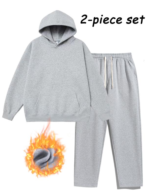 Men's Plain Two-Piece Sweatsuit Set, Fitted Casual Hoodie & Drawstring Pants, Thick Fabric for Fall/Winter, Everyday Wear Essentials Outfit Outdoor