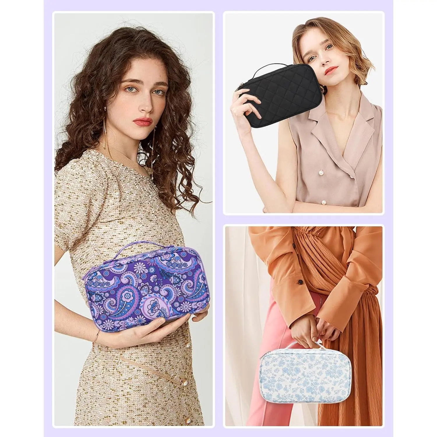 Travel Makeup Bag, Small Floral Cosmetic Bag with Makeup Brush Compartment, Portable Makeup Pouch for Women, Double Layer Cute Toiletry Organizer Bag, Purple Flower Travel Makeup Bag, Small Floral Cosmetic Bag with Makeup Brush Compartment, Portable Makeup Pouch for Women, Double Layer Cute Toiletry Organizer Bag, Purple Flower