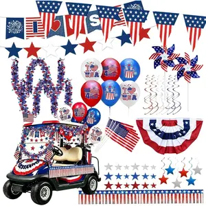 120PCS 4th of July Golf Cart Decorations Kit, 250th Anniversary Parade Float Decor, Red White Blue Foil Fringe Garland, Flag Balloons for Independence Day Patriotic Party Celebration