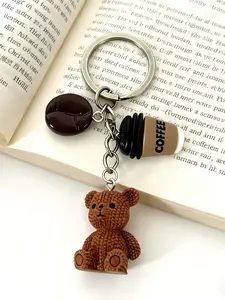 Cute Bear Keychain, Plush Knitted Texture, Creative Coffee Bean Cup Combination, Bag Pendant, Student Gift, Car Key Accessory